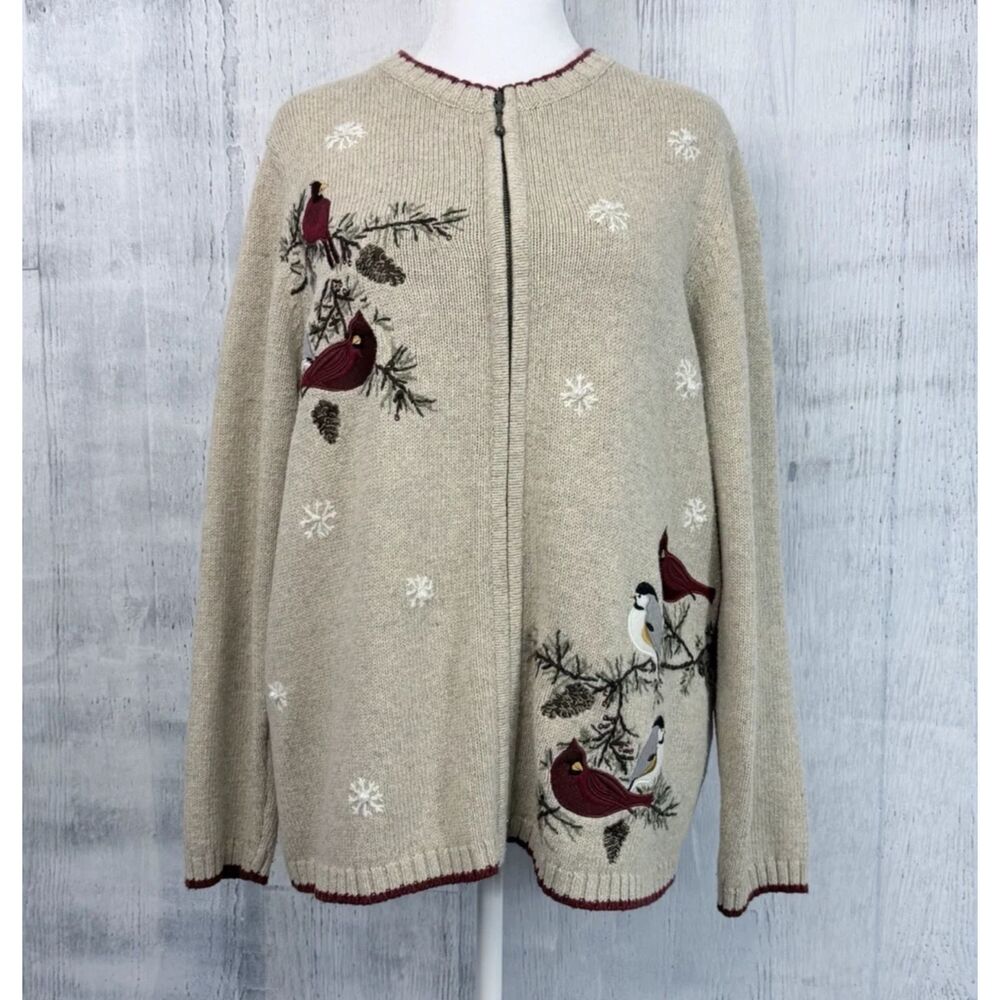 Croft & Barrow Full Zip Sweater Womens 2XL Long Sleeve Embroidered Bird Cardinal